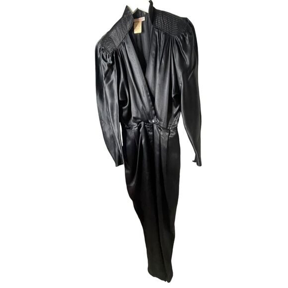 Joseph Magnin Plunge V Neck Satin Jumpsuit Stand Collar Long Sleeve Size 9/10 - Picture 1 of 14